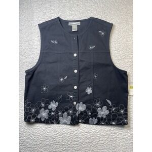 NWT Susan Bristol Denim Black Jean Vest Womens Sz XL Embroidered White Flowers